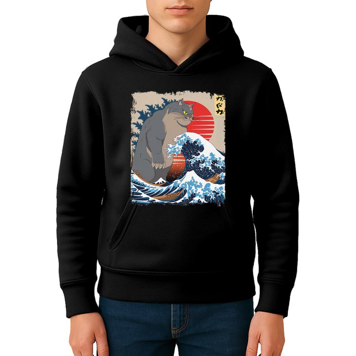 Persian Catzilla Funny Cat Ocean Waves Japanese Art Retro Kids Hoodie