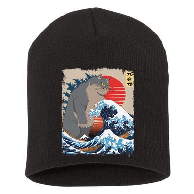 Persian Catzilla Funny Cat Ocean Waves Japanese Art Retro Short Acrylic Beanie