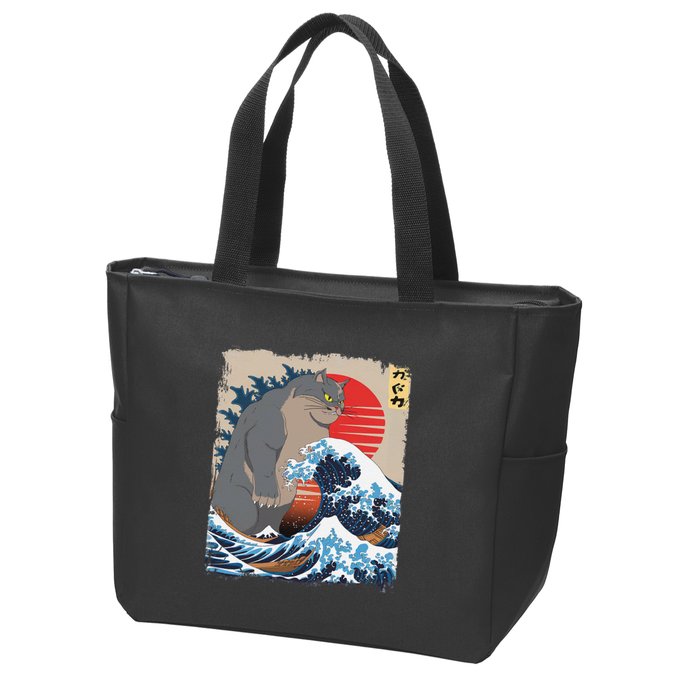 Persian Catzilla Funny Cat Ocean Waves Japanese Art Retro Zip Tote Bag