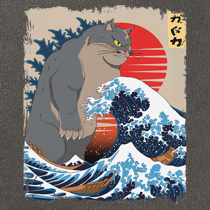 Persian Catzilla Funny Cat Ocean Waves Japanese Art Retro Cotton Canvas Backpack