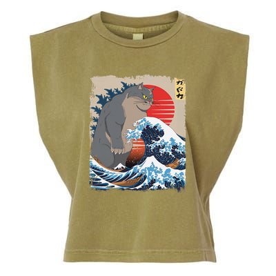 Persian Catzilla Funny Cat Ocean Waves Japanese Art Retro Garment-Dyed Women's Muscle Tee