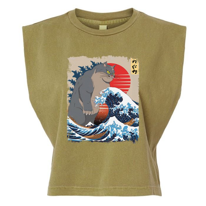 Persian Catzilla Funny Cat Ocean Waves Japanese Art Retro Garment-Dyed Women's Muscle Tee