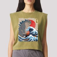 Persian Catzilla Funny Cat Ocean Waves Japanese Art Retro Garment-Dyed Women's Muscle Tee