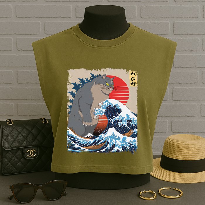 Persian Catzilla Funny Cat Ocean Waves Japanese Art Retro Garment-Dyed Women's Muscle Tee
