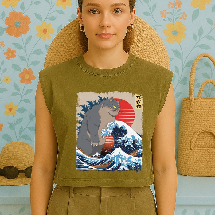 Persian Catzilla Funny Cat Ocean Waves Japanese Art Retro Garment-Dyed Women's Muscle Tee