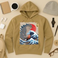 Persian Catzilla Funny Cat Ocean Waves Japanese Art Retro Hoodie