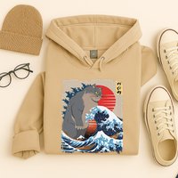 Persian Catzilla Funny Cat Ocean Waves Japanese Art Retro Hoodie