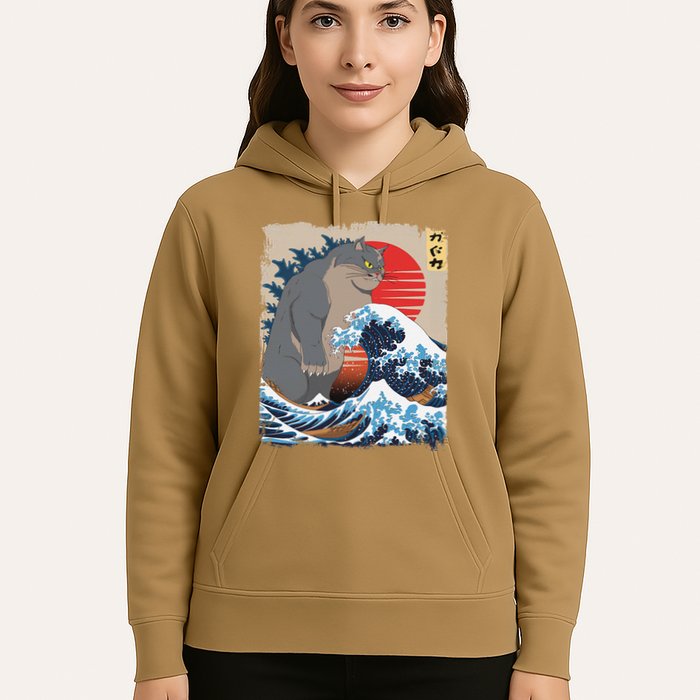 Persian Catzilla Funny Cat Ocean Waves Japanese Art Retro Hoodie