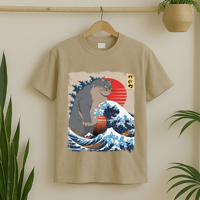 Persian Catzilla Funny Cat Ocean Waves Japanese Art Retro T-Shirt