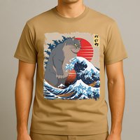 Persian Catzilla Funny Cat Ocean Waves Japanese Art Retro T-Shirt