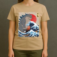 Persian Catzilla Funny Cat Ocean Waves Japanese Art Retro T-Shirt