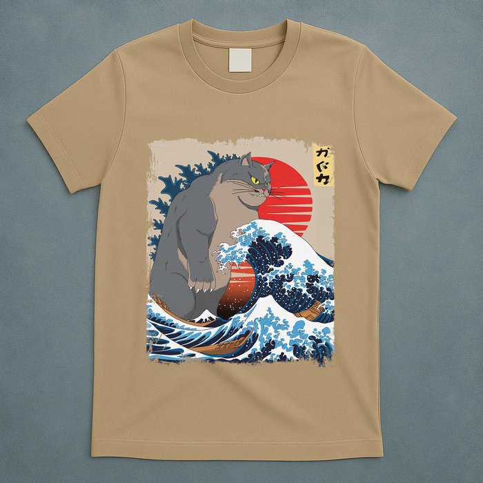 Persian Catzilla Funny Cat Ocean Waves Japanese Art Retro T-Shirt