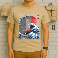 Persian Catzilla Funny Cat Ocean Waves Japanese Art Retro T-Shirt