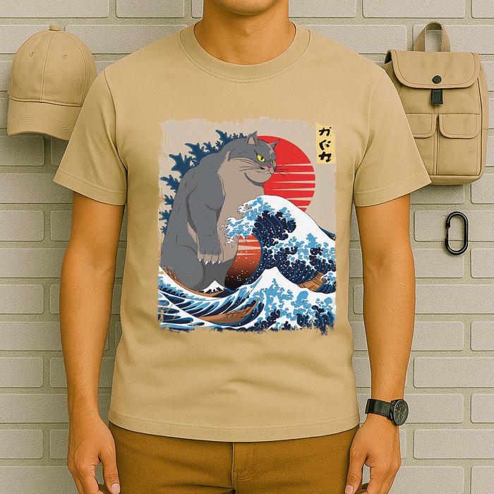 Persian Catzilla Funny Cat Ocean Waves Japanese Art Retro T-Shirt