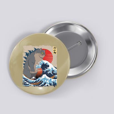 Persian Catzilla Funny Cat Ocean Waves Japanese Art Retro Button