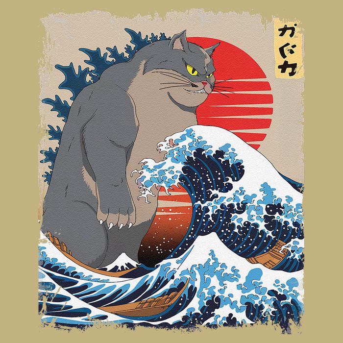 Persian Catzilla Funny Cat Ocean Waves Japanese Art Retro Button