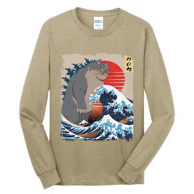 Persian Catzilla Funny Cat Ocean Waves Japanese Art Retro Tall Long Sleeve T-Shirt