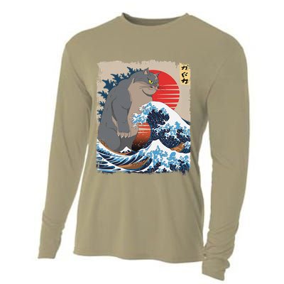 Persian Catzilla Funny Cat Ocean Waves Japanese Art Retro Cooling Performance Long Sleeve Crew