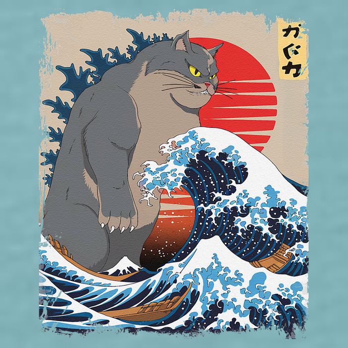 Persian Catzilla Funny Cat Ocean Waves Japanese Art Retro Sueded Cloud Jersey T-Shirt