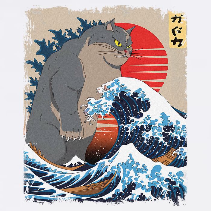 Persian Catzilla Funny Cat Ocean Waves Japanese Art Retro Garment-Dyed Sweatshirt