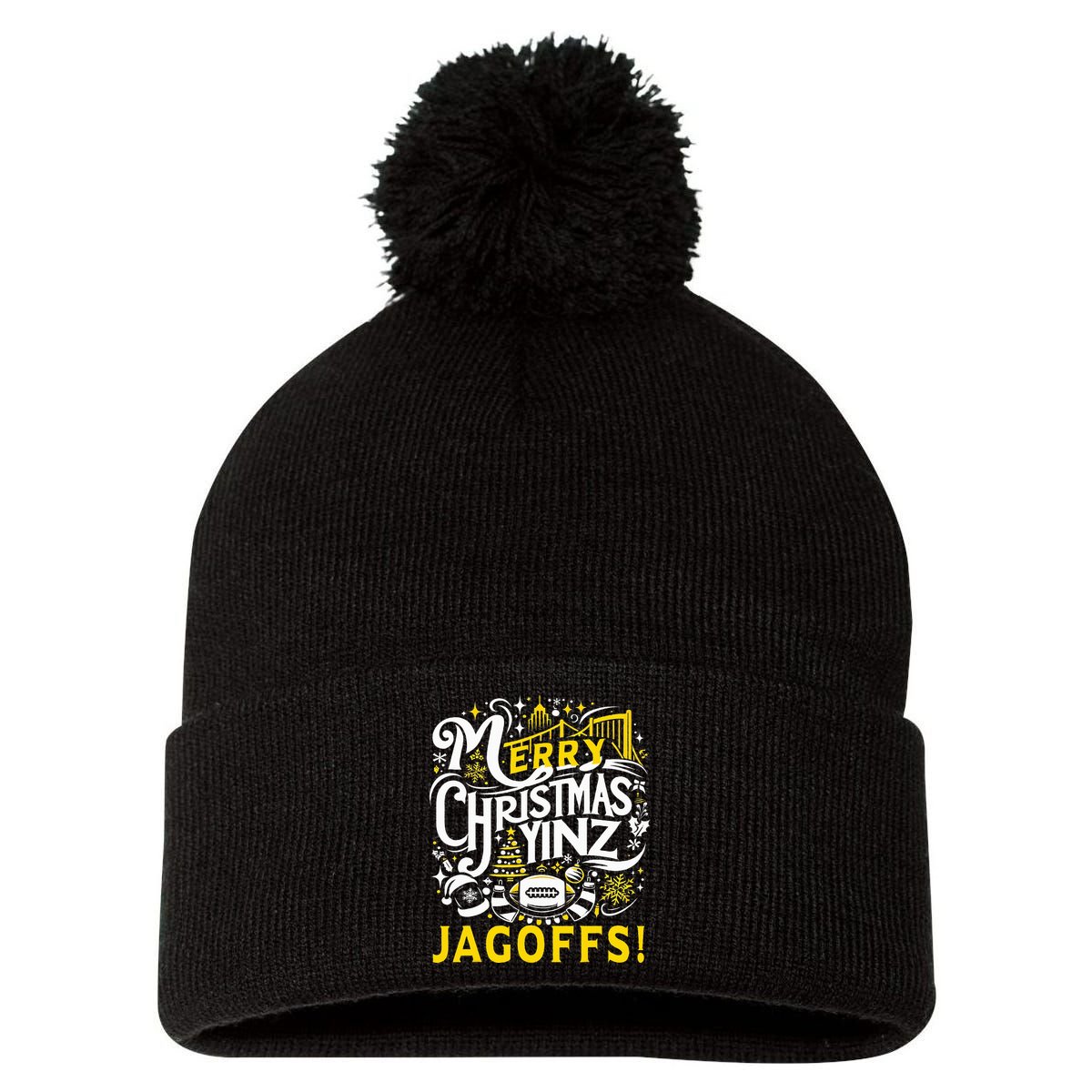 Pittsburgh Christmas Funny Yinz Jagoff Ugly Pom Pom 12in Knit Beanie
