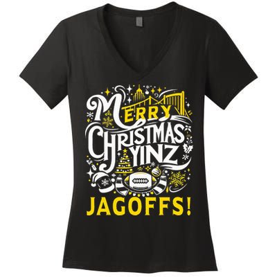 Pittsburgh Christmas Funny Yinz Jagoff Ugly Women's V-Neck T-Shirt