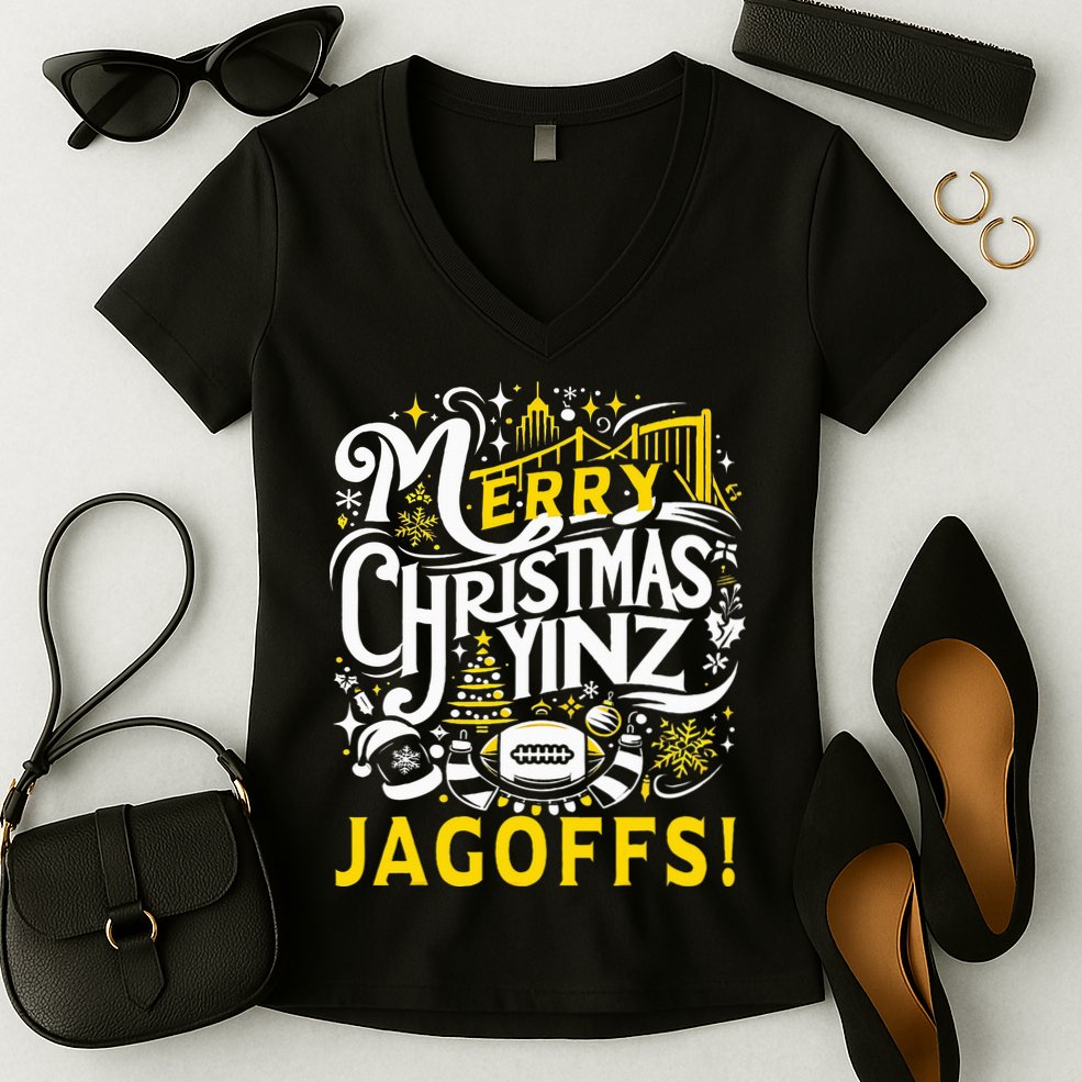 Pittsburgh Christmas Funny Yinz Jagoff Ugly Women's V-Neck T-Shirt
