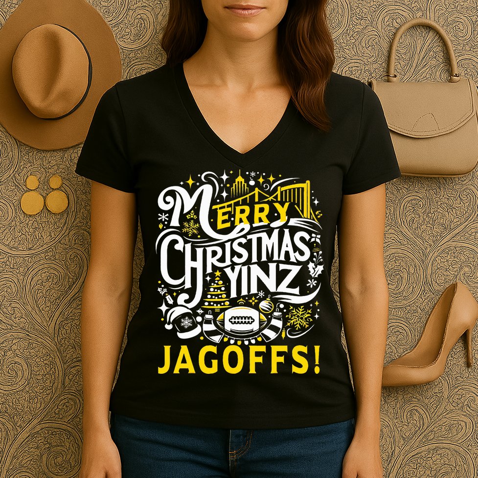Pittsburgh Christmas Funny Yinz Jagoff Ugly Women's V-Neck T-Shirt