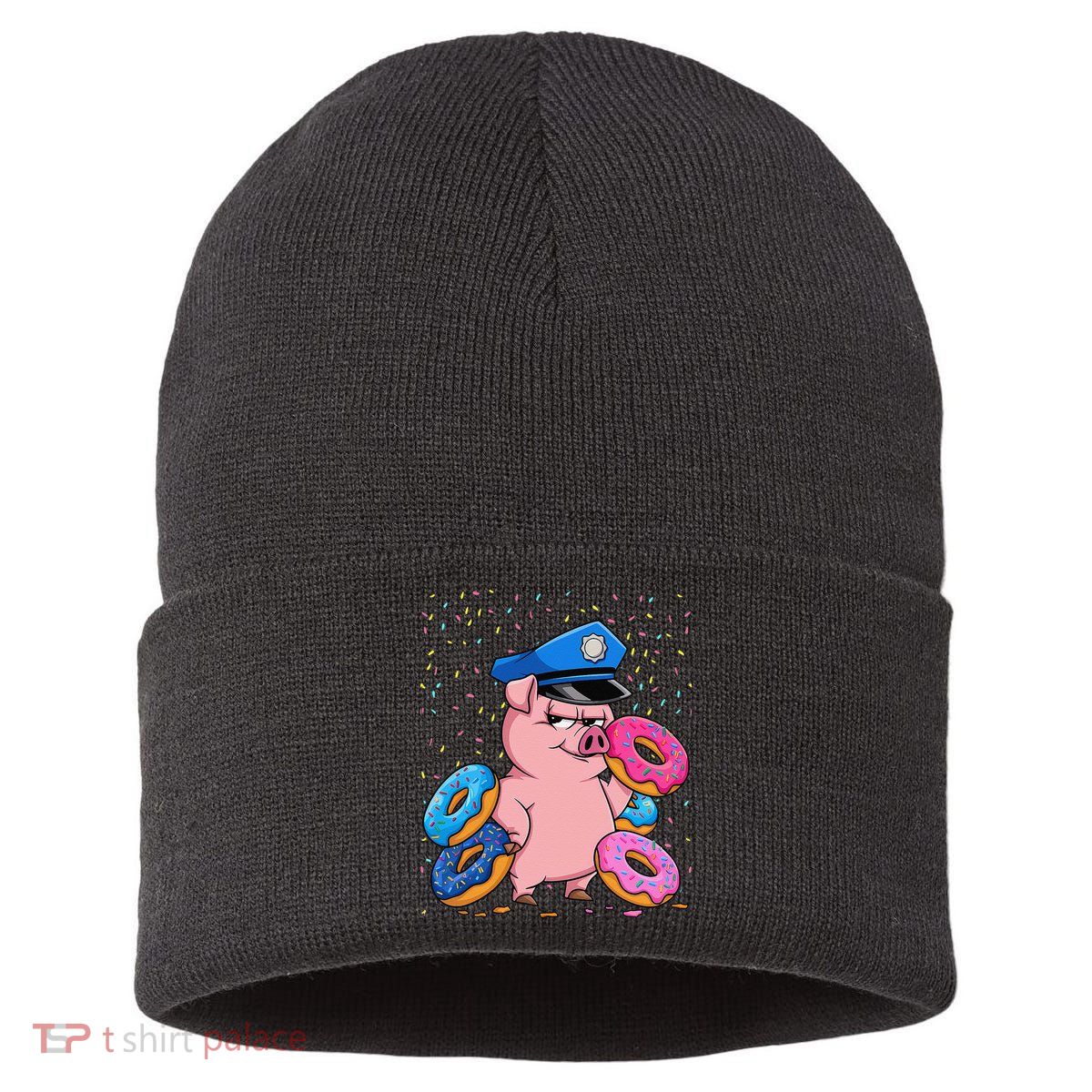 Pig Cop Funny Police Officer Doughnut Sustainable Knit Beanie