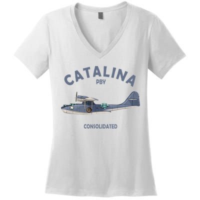 Pby Catalina Flying Boat Seaplane Airplane American Ww2 Women's V-Neck T-Shirt