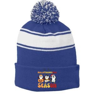 Penguin Christmas Halloween Tis The Hallothanksmas Season Great Gift Stripe Pom Pom Beanie