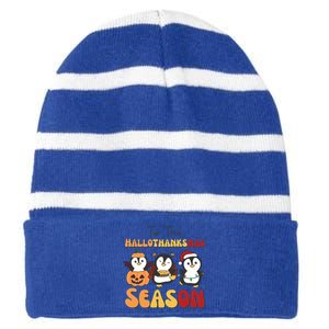 Penguin Christmas Halloween Tis The Hallothanksmas Season Great Gift Striped Beanie with Solid Band