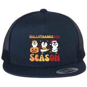 Penguin Christmas Halloween Tis The Hallothanksmas Season Great Gift Flat Bill Trucker Hat