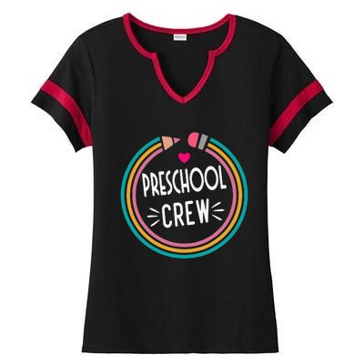 Preschool Crew Happy First Day of School Teacher Ladies Halftime Notch Neck Tee