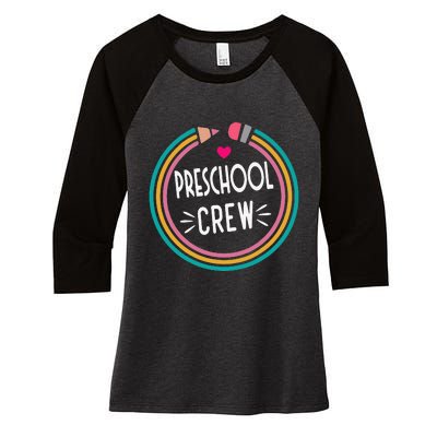 Preschool Crew Happy First Day of School Teacher Women's Tri-Blend 3/4-Sleeve Raglan Shirt