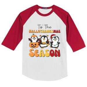 Penguin Christmas Halloween Tis The Hallothanksmas Season Gift Kids Colorblock Raglan Jersey