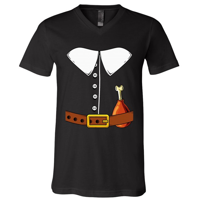 Pilgrim Costume Hat And Thanksgiving Turkey Day Graphic V-Neck T-Shirt