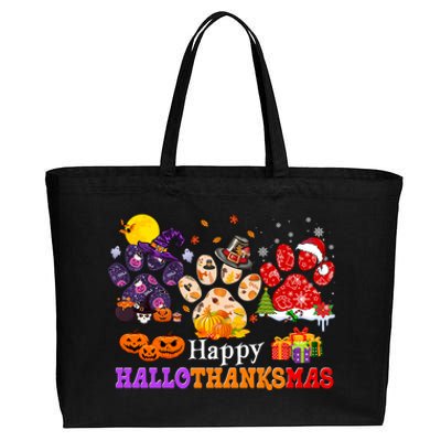 Paw Cat Happy Hallothanksmas Halloween Thanksgiving Xmas Gift Cotton Canvas Jumbo Tote