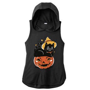 Pumpkin Cat Halloween Cute Festive Ladies PosiCharge Tri-Blend Wicking Draft Hoodie Tank