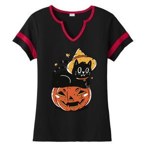 Pumpkin Cat Halloween Cute Festive Ladies Halftime Notch Neck Tee