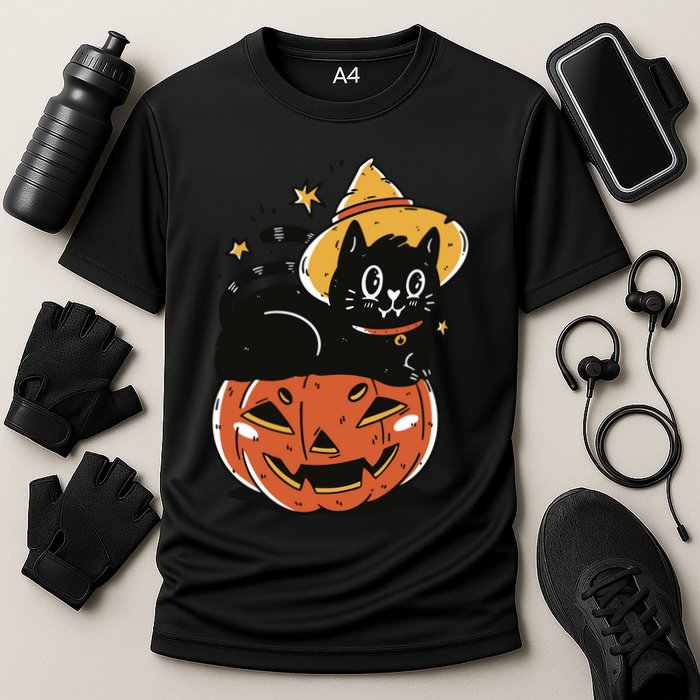 Pumpkin Cat Halloween Cute Festive Cooling Performance Crew T-Shirt