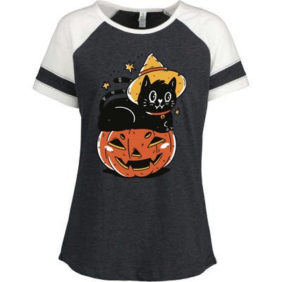 Pumpkin Cat Halloween Cute Festive Enza Ladies Jersey Colorblock Tee