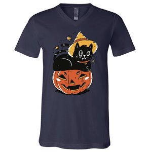 Pumpkin Cat Halloween Cute Festive V-Neck T-Shirt