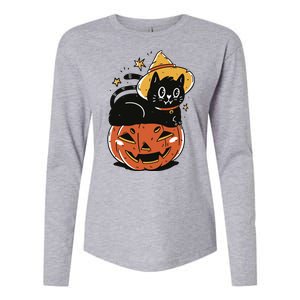 Pumpkin Cat Halloween Cute Festive Womens Cotton Relaxed Long Sleeve T-Shirt