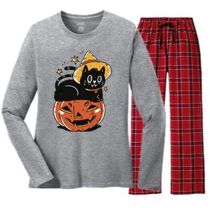 Pumpkin Cat Halloween Cute Festive Women's Long Sleeve Flannel Pajama Set 