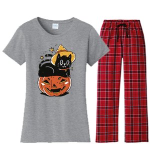 Pumpkin Cat Halloween Cute Festive Women's Flannel Pajama Set