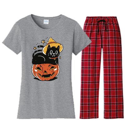 Pumpkin Cat Halloween Cute Festive Women's Flannel Pajama Set