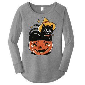 Pumpkin Cat Halloween Cute Festive Women's Perfect Tri Tunic Long Sleeve Shirt