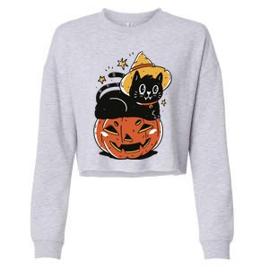 Pumpkin Cat Halloween Cute Festive Cropped Pullover Crew