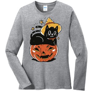 Pumpkin Cat Halloween Cute Festive Ladies Long Sleeve Shirt